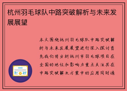 杭州羽毛球队中路突破解析与未来发展展望