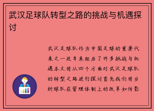 武汉足球队转型之路的挑战与机遇探讨